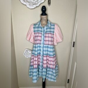 NTM: Entro Bubble Sleeve Blue, Green, Pink & White Plaid Lined Mini Dress Sz M